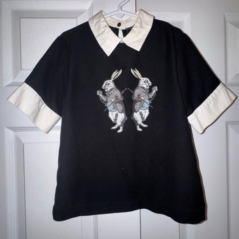 Victoria Beckham for Target Girls Black Top Peter Pan Collar Rabbit Print Size S